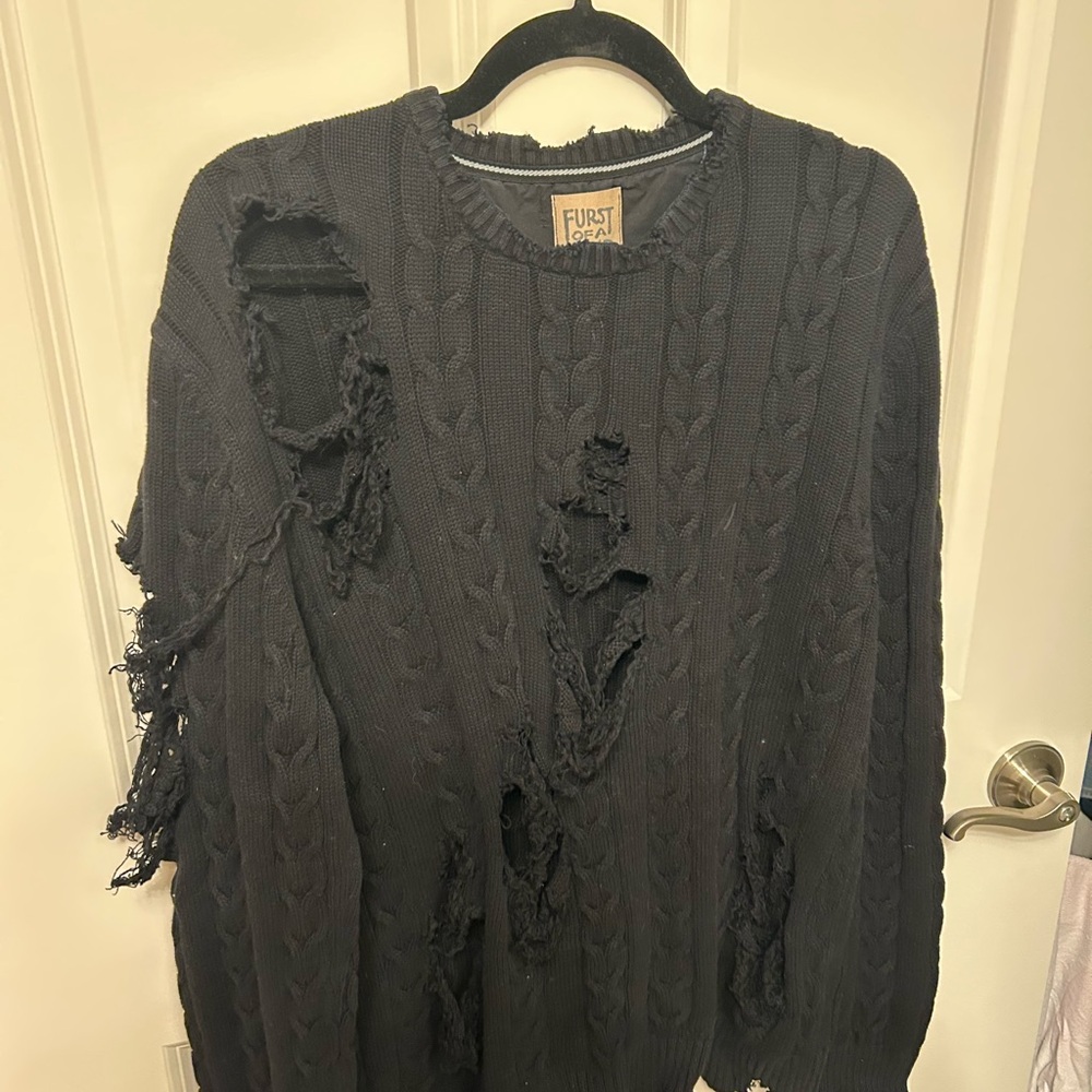 LF Black Crewneck Sweater with Edgy Distressed Design